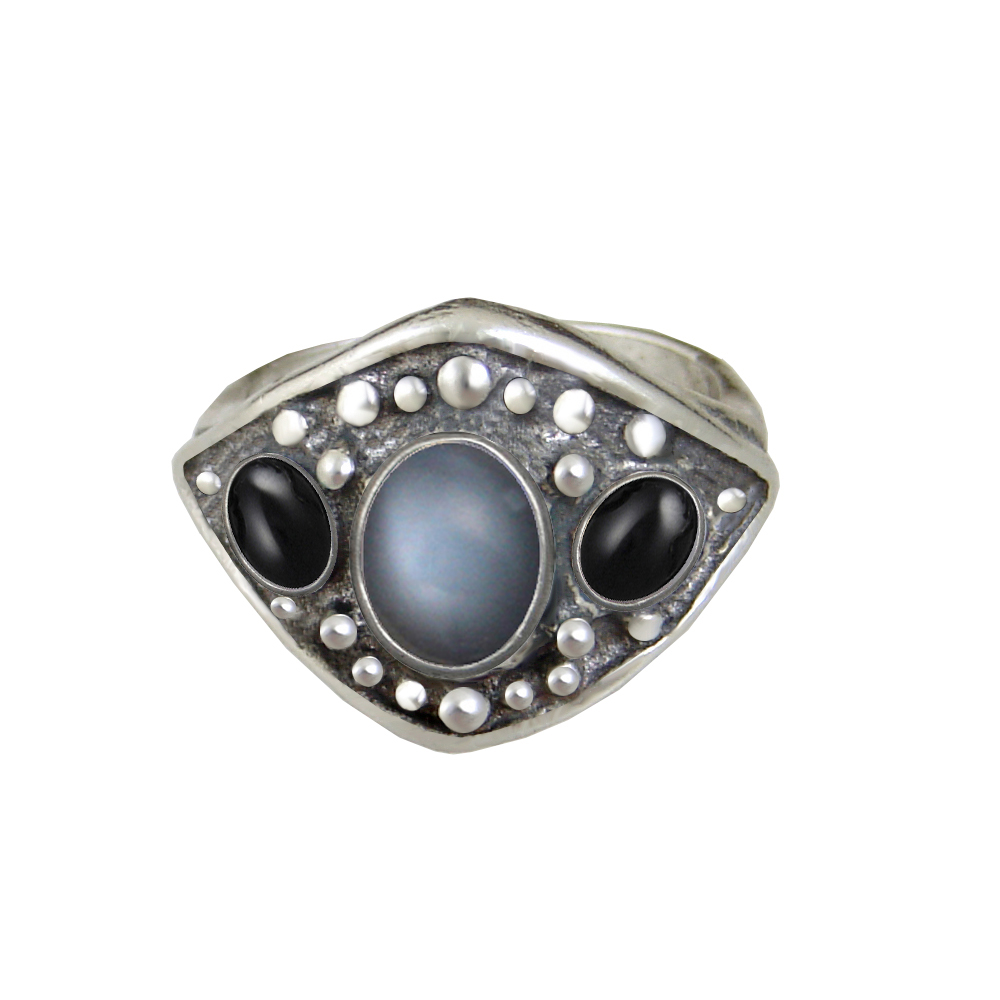 Sterling Silver Medieval Lady's Ring with Grey Moonstone And Black Onyx Size 8